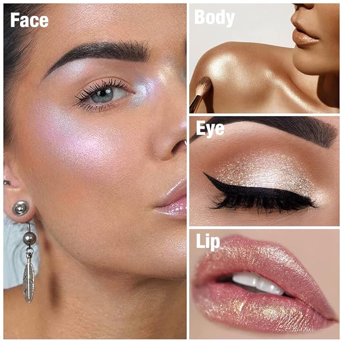 Cream Highlighter Makeup Palette, Glow Highlighters Makeup Powder, Suit for Cheeks, Body, Eyeshadow, Silver Light Pink Rose Gold Purple Champagne, Vegan, Talc Free (04)