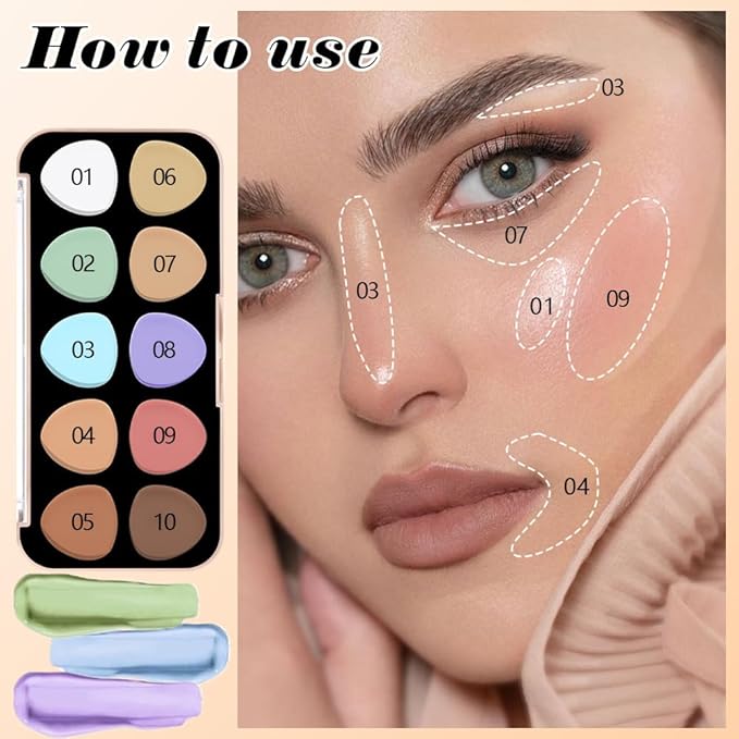 evpct 10 Colors Concealers Full Coverage Cream Contour Palette with Brush for Older Women, Under Eye Color Corrector Tri Color Pot Concealer Palette for Dark Circles Mature Skin Makeup, Waterproof, C1