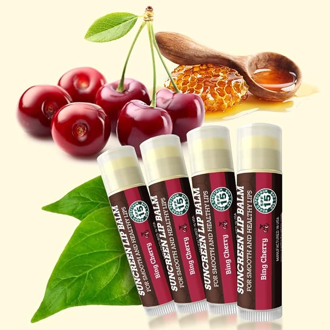 SPF Lip Balm 4-Pack by Earth's Daughter - Lip Sunscreen, SPF 15, Organic Ingredients, Cherry Flavor, Beeswax, Coconut Oil, Vitamin E - Hypoallergenic, Paraben Free, Gluten Free