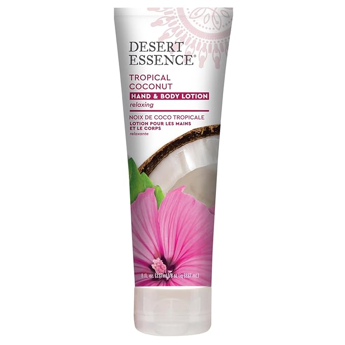 Desert Essence, Tropical Coconut Hand & Body Lotion 8 fl. oz. - Gluten Free - Vegan - Cruelty Free - Coconut Oil, Jojoba Oil & Vitamin E - Intense Hydration - Tropical Coconut Scent