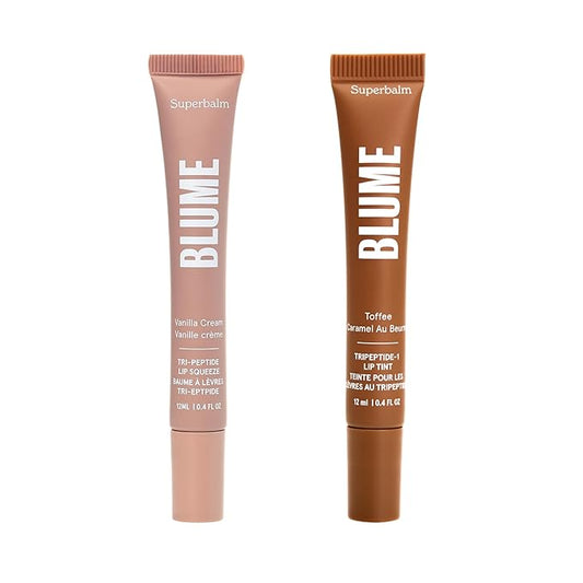 Blume Superbalm Duo - Tri-Peptide Vanilla Lip Balm (0.4 Fl Oz) + Tri-Peptide Toffee Soft Brown Tinted Lip Balm (0.4 Fl Oz) - Deep Hydration & Lip Plumping Set