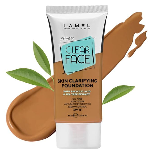 Lamel- Oh my Clear Face Foundation- SPF15-407 Meiduim Tan | Contains tea tree extract and salicylic acid |Controls sebum production |Anti-blemish formula |SPF 15 |Oil free foundation | 40ml