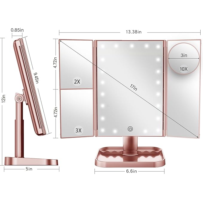HUONUL Makeup Mirror, 10X 3X 2X Magnification, Lighted Makeup Mirror, Touch Control, Dual Power Supply, Portable LED Mirror, Women Gift (Rose Gold)