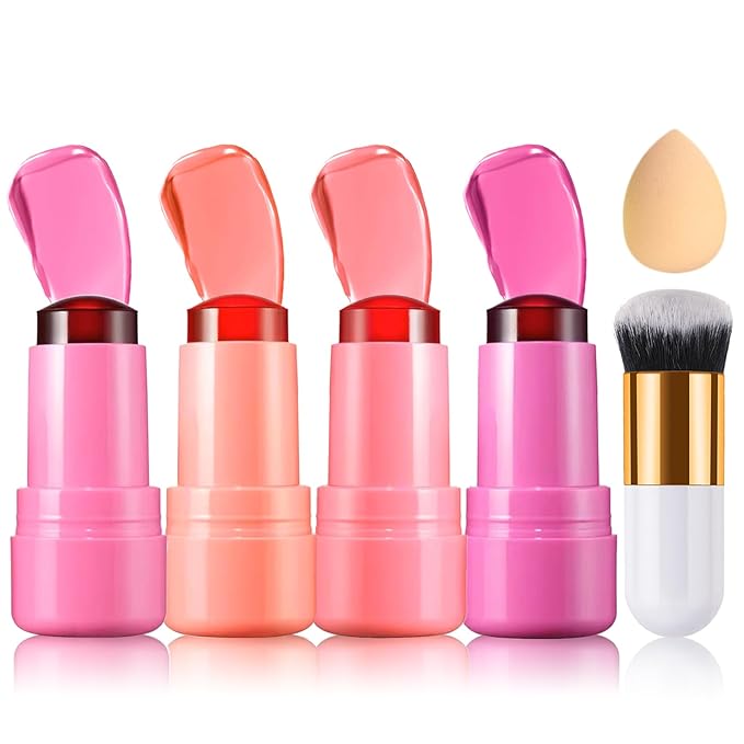 4PCS Cooling Water Jelly Tint Blush Stick for Cheeks,Multi-use Jelly Lip and Cheek Tint Stain,Moisturizing Natural Jelly Blush Stick,Buildable Watercolor Finish - Cruelty Free