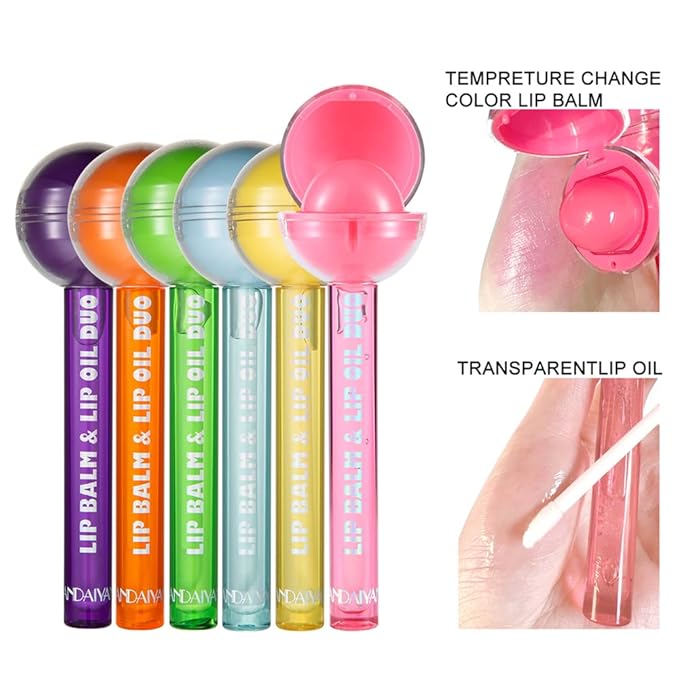 Tinted Lip Balm Lollipop Lip Gloss, Magic pH Color Changing Pink Lipstick & Vitamin E Clear Lip Oil Combo, Hydrating Plumping Lip Care Product for Girls (Yellow)