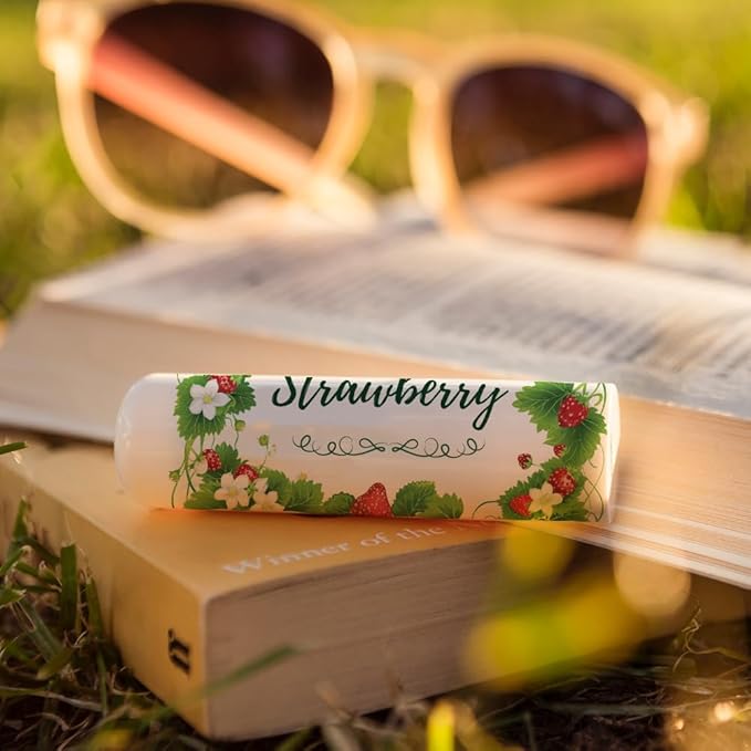 OLYCRAFT 100Pcs Self-Adhesive Lip Balm Tag Stickers 2.1x1.7 inch Waterproof Adhesive Label with Strawberry Rectangle Lipstick Tag Sticker for Lip Balm Container Tubes Lipstick Wrapping Decoration