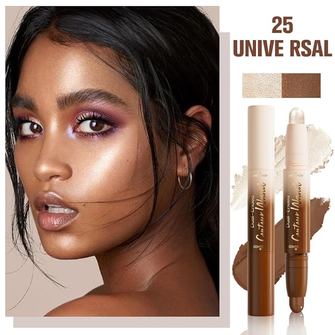 Dual-Ended 2-in-1 Cream Contour & Highlighter Stick – Waterproof, Long-Lasting for Face & Body Makeup, Suitable for All Skin Tones, 05#Nuetral Nude + Silver Shimmer