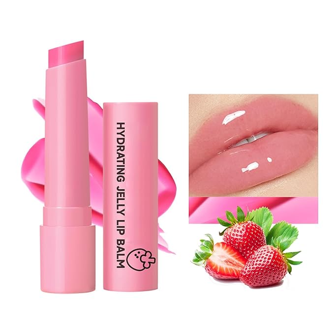 Hydrating Jelly Balm,Tinted Moisturizing Lip Balm For Dry Lips,Instantly Hydrate Lips Conditioning & Nourishing Lip Care Lip Moisturizer Fruit Lip Oil Lip Shine Jelly Lipstick(Strawberry)