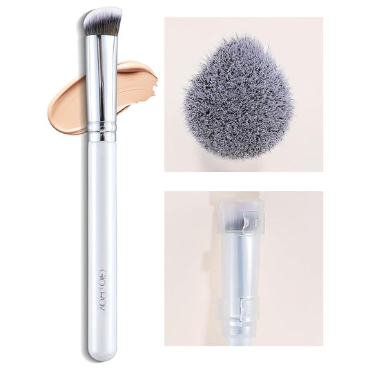GLO&RAY Concealer Brush Under Eye - Makeup Brush Angled Flat Teardrop, Nose Contour for Powder Pro Concealing Blending for Liquid & Cream Cosmetic, Foundation Brushes Small With Dust Cover (White)