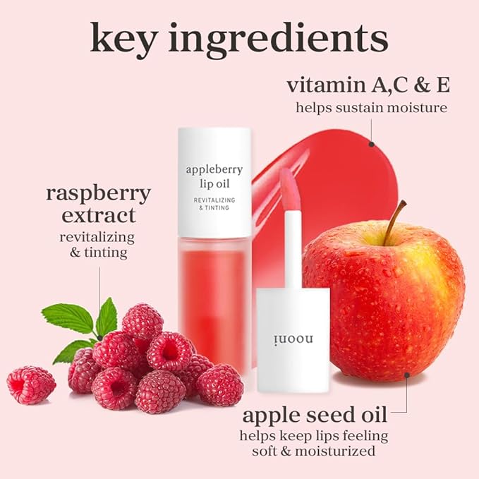 NOONI Korean Lip Oil - Appleberry | Long-Lasting, Moisturizing, Plumping, Revitalizing for Dry Lips, Waterproof, No Peel Off, Hydrating, Nourishing Crystal Clear, 0.12 FL Oz