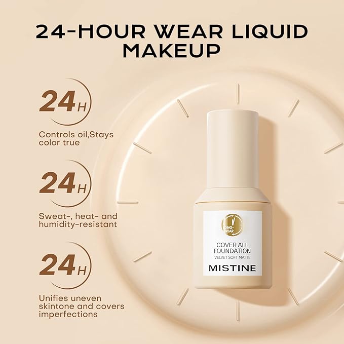 MISTINE Full Coverage Foundation Makeup for Oily Skin,24 Hour Oil Control Liquid Foundation,Skin-Caring,Moisturizing Formula,Cream Foundation,Matte Finish,Natural Beige,1 Fl Oz