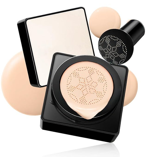 Air Cushion CC Cream Mushroom Head - Moisturizing & Oil Control Screw Lid Concealer Makeup Base, Primer Liquid Foundation Long Lasting with Mushroom Makeup Sponges for All Skin Types (Natural)