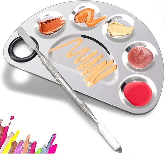 Makeup Palette Stainless Steel Cosmetic Palette 6-well with Spatula Tool for Nail Art Eye Shadow Mixing Foundation Painting Artist Mini Mixing Metal Palette Silver 4.9x3.3inch