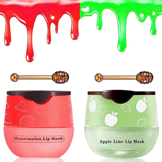 2 PCS Bee Lip Balm Honey Pot, Watermelon & Apple Lime Sleeping Lip Mask Overnight, Hydrating Prevention Dry and Cracked Lip Scrub, Reduces Lip Lines, Brightening Lip Color