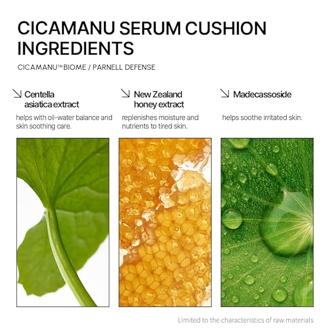 Parnell Cicamanu Serum Cushion - Moisturizing Foundation for Soothing, Coverage, Glass Skin and Lightweight for Sensitive and Dry Skin Pearl Skin (0.52 Fl Oz) (#24 Sand Beige)