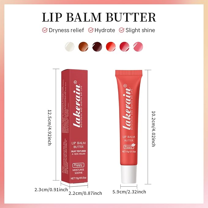 Erinde Lip Butter Balm, Moisture Hydration Lip Butter Gloss, Sheer Tinted Lip Mask and Lip Balm, Soothing Lip Treatment Care Makeup, Shine Lip Glow Oil for Dry, Chapped Lips, 04 Poppy