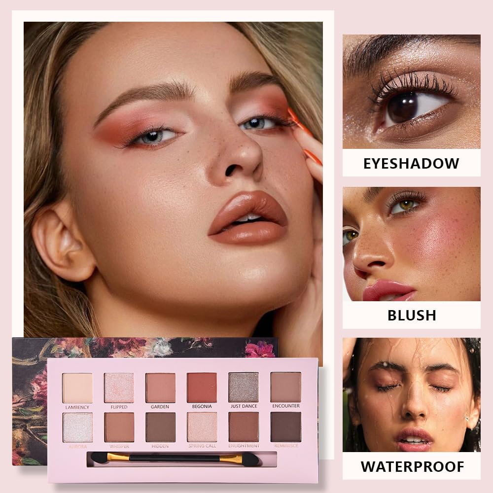 12Colors Eye Shadow Palette With Mirror and Brush,Nude Pink Brown Neutral Natural Eyeshadow Palette,Long Lasting Waterproof Travel Size Makeup Pallete
