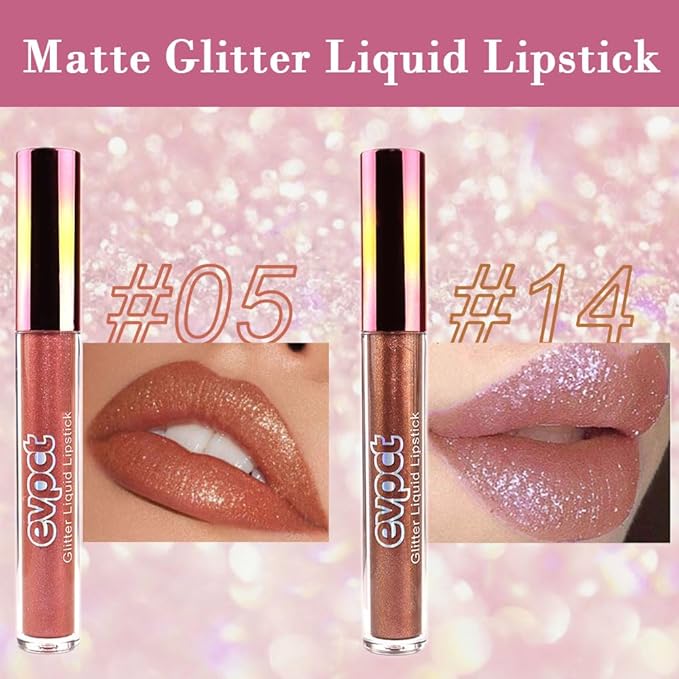 evpct 2Pcs Bronze Gold Nude Gold Matte to Glitter Liquid Lipstick Set for Women Long Lasting Glossy Metallic Shimmer Sparkle Lipstick Lip Gloss 5+14
