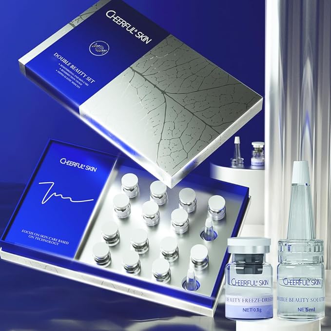 Cheerful Skin Double Beauty Set, Anti Oxidation & Aging Freeze-Dried Powder for 7 days Firming Lightening Fine Lines, Includes 7 Pairs of Powder 100mg+Solution 5ml Set, 2 Droppers