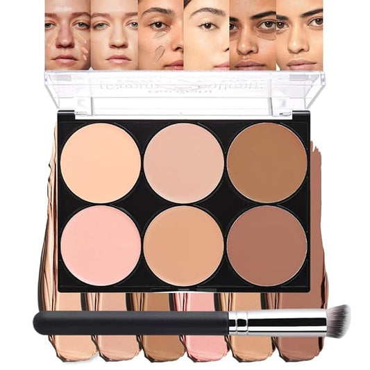 evpct 6 Colors Concealers Full Coverage Cream Contour Palette with Brush for Older Women, Under Eye Color Corrector Tri Color Pot Concealer Palette for Dark Circles Mature Skin Makeup, Waterproof, B1