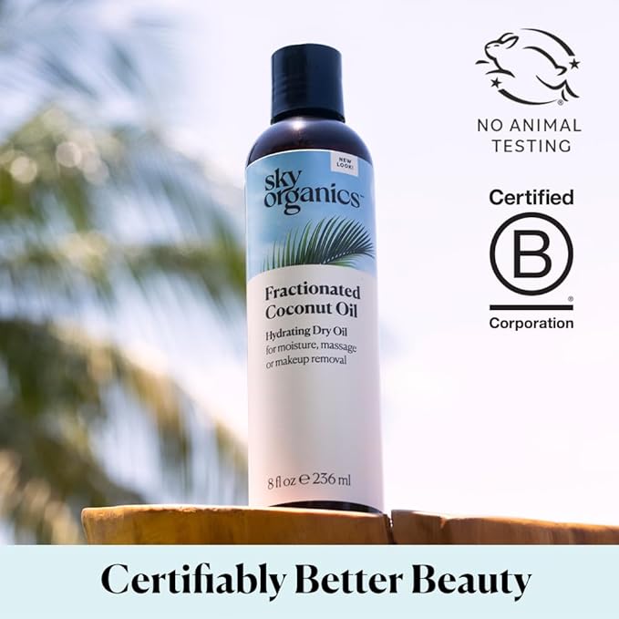 Sky Organics Fractionated Coconut Oil, Hydrating Dry Oil for Moisture, Massage and Makeup Removal, Suitable for All Skin Types, 100% Pure and Cold Pressed Multipurpose Body and Face Oil, 8 fl. Oz