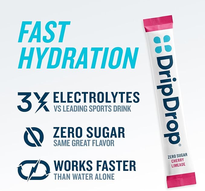 DripDrop Sugar Free Hydration Packets - Zero Cherry Limeade - Single Serve Electrolytes Powder Drink Mix - Non-GMO, Gluten Free, Vegan - 32 Sticks