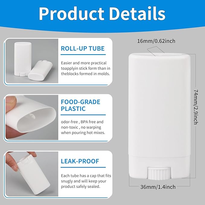 Empty Oval Deodorant Lip Lipstick Balm Tubes Containers Plastic (20-Pack) (15ml, white)