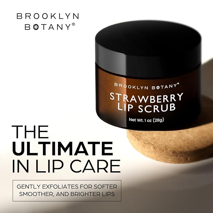 Brooklyn Botany Lip Scrub Exfoliator 1 oz – Lip Moisturizer for Dry Lips and Chapped Lips – Gentle Lip Exfoliator for Smooth and Brighter Lips – Strawberry Flavor