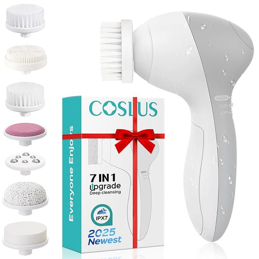 COSLUS Facial Cleansing Brush Silicone Face Scrubber: 7 in 1 FBS-D Electric Exfoliating Rotating Massage Device Waterproof Deep Cleaning Exfoliation Spa Machine - Electronic Skin Care Wash System