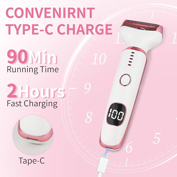 Electric Razors LED Display for Women Men, 2025 Wet/Dry Lady Shaver,4 in 1 Cordless Hair Remover with IPX7 Waterproof,Smooth & Silky Portable Bikini Electric Grooming Set (Pink & White)