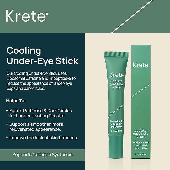 KRETE Cooling Under-Eye Stick with Liposomal Caffeine and Tripeptide-5 - Helps with Dark Circles and Puffiness, Vegan & Cruelty-Free, 15ml