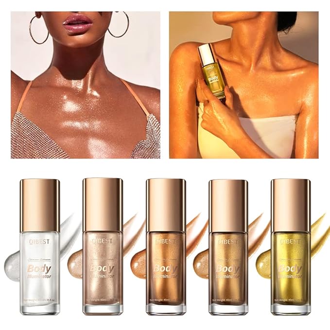 40ml Body Shimmer Oil,Liquid Body Illuminator, Waterproof Moisturizing And Glow For Face & Body, All-In-One Makeup Liquid Illuminator, Summer Body Luminizer,Makeup Brush Include (03#Bronze Gold)