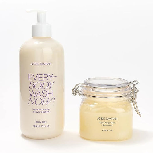 Josie Maran Sugar, Suds & Everything Nice Body Care Set - Includes EveryBODY Wash Now! and Argan Sugar Balm Body Scrub to Nourish & Exfoliate Skin - Berry Bliss (2 Count)