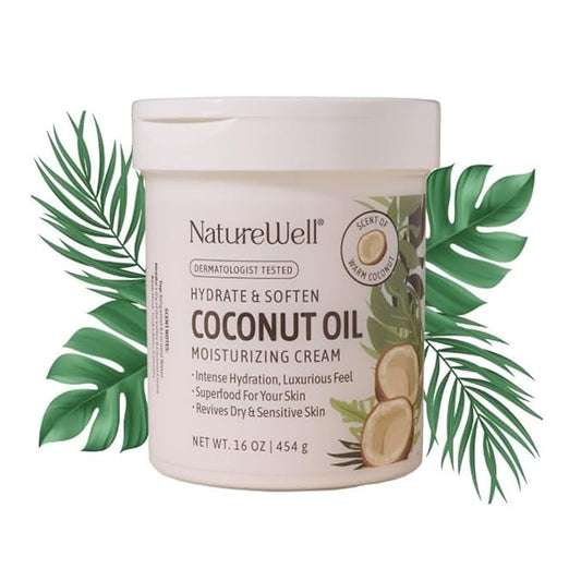 NATURE WELL Hydrate & Soften Coconut Oil Moisturizing Cream for Face, Body, & Hands, Non-Greasy, Intense Hydration & Luxurious Feel, Revives Dry & Sensitive Skin, Superfood for Your Skin, 16 Oz