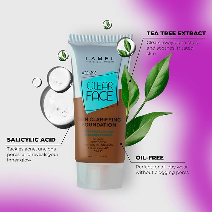 LAMEL OhMy Clear Face Full Coverage Foundation - Acne Coverage - Salicylic Acid & Tea Tree Extract - Dewy & Flawless Finish - Sensitive Skin Care - Organic & Oil-Free - 412, 1.35 fl.oz