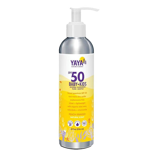 YAYA ORGANICS Baby + Kids Mineral Sunscreen Lotion, SPF 50, Reef-Friendly, Non-Nano Zinc Oxide, Water-Resistant, Hypoallergenic, Pure + Gentle for delicate skin, 8 oz