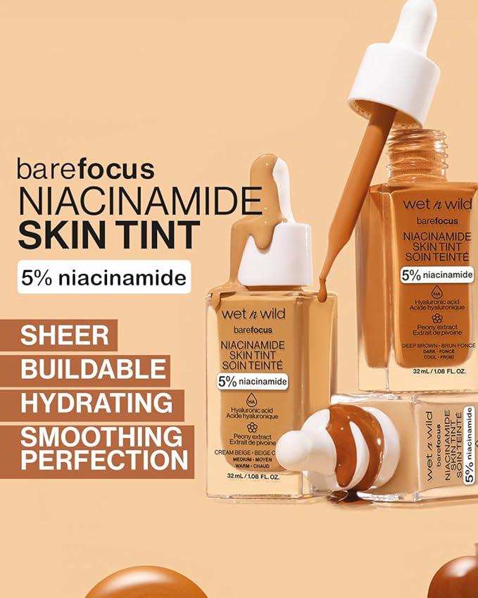 wet n wild Bare Focus Skin Tint, 5% Niacinamide Enriched, Buildable Sheer Lightweight Coverage, Natural Radiant Finish, Hyaluronic & Vitamin Hydration Boost, Cruelty-Free & Vegan - Fair Beige