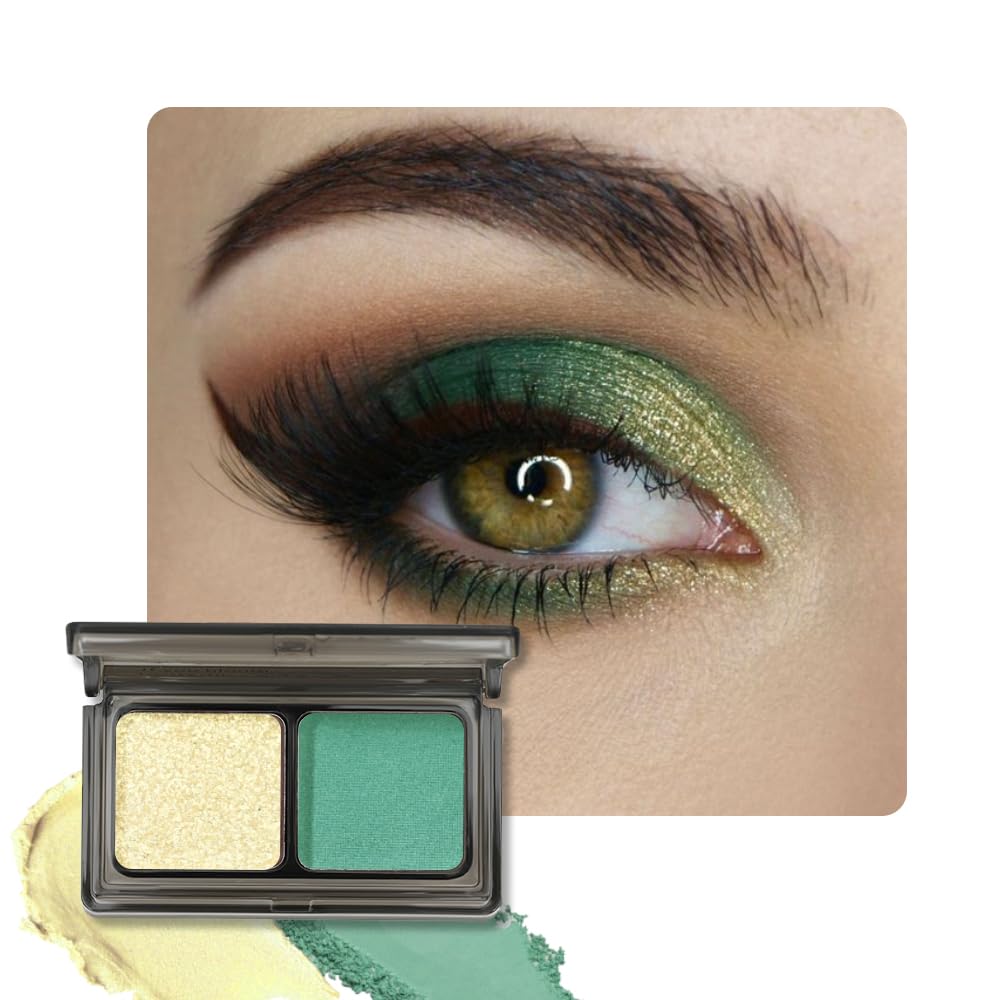 Golden Green Two Color Matte Shimmer Glitter Eyeshadow Palette,Eye Shadow Powder Professional Long-Lasting Waterproof Makeup Palette,Easy-To-Apply and Compact for Travel,Vegan & Cruelty-Free