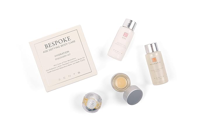 Zents Hydration 4-pc Mini Set, Age defying Best Sellers Hydration Kit with Ore Probiotic Lotion, Mandarin Body Oil, Earth Reparative Balm & Sun Bath Bomb