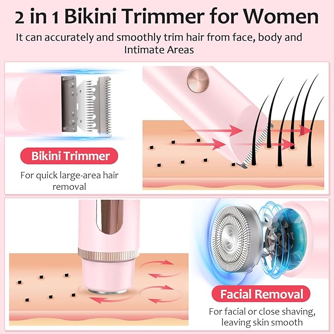 2025 Upgraded Bikini Trimmer for Women - 2 in 1 Dermave Bikini Shaver with LED Display, Dual Head Cordless Electric Shaver, IPX7 Waterproof Wet/Dry Body Hair Trimmer for Face, Body & Intimate Areas
