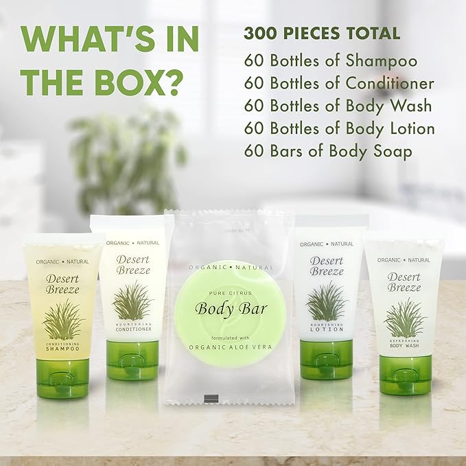 Desert Breeze Hotel Soaps and Toiletries Bulk Set | 1oz Hotel Shampoo & Conditioner, Body Wash, Body Lotion & Bar Soap | Travel Size Toiletries 300 Pieces