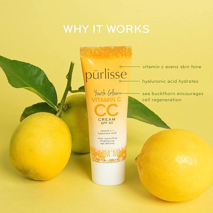 pürlisse Youth Glow Vitamin C CC Cream with SPF 50 - Color Corrector Enriched with Sea Buckthorn, Vitamin C & Hyaluronic Acid - Boosts Radiance & Youthfulness - Paraben-Free - Medium (1.4 oz)