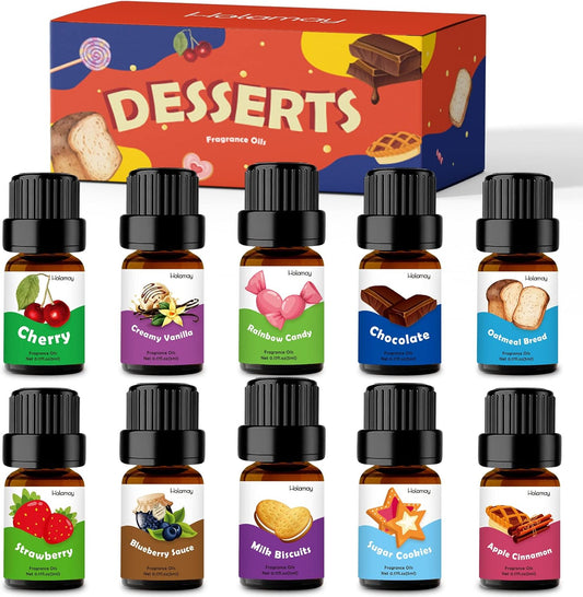 Fragrance Oils, Holamay Dessert Scented Essential Oils for Soap Candle Making, 10x5ml - Creamy Vanilla, Apple Cinnamon, Cookies and More, Aromatherapy Diffuser Oil Scents, Holiday Essential Oil Set