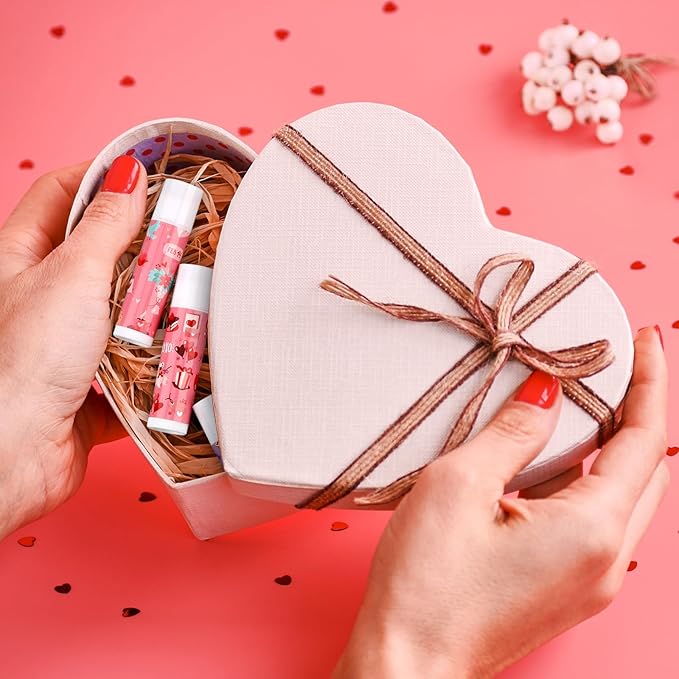 48 Pcs Valentine's Day Cherry Flavored Moisturizing Lip Balm Gloss Lipstick with 48 Pcs Valentine's Day Card Bulk Party Supplies Lip Care Gift Men Women and Children, 12 Styles