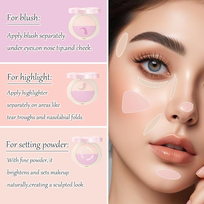 Pink Setting Powder, 3 in 1 Blush Palette with Puff, Highlighter Palette, Fine Texture Blush Pressed Powder, Setting Powder Makeup, Korea Makeup - Purple