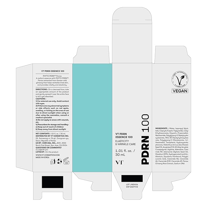 VT COSMETICS PDRN 100 Essence, Intensive Glow Serum, 100,000ppm Vegan PDRN, Skin Restoration & Plumping, Hydrating & Moisturizing, Firming, Fine Lines, Korean Skincare 1.01 fl. Oz.