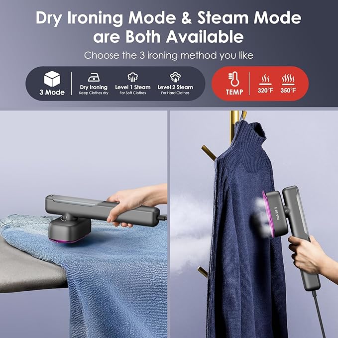 FEPPO Travel Steamer for Clothes, 110-240V Dual Voltage Portable Mini Steamer & Iron 2in1, 1100W Powerful Garment Steamer, Fast Heat Up, Travel Size, HD Display, for Home & Global & Europe Travel