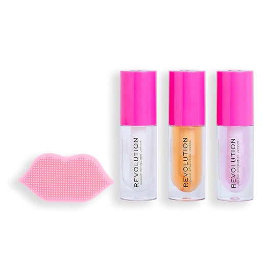 Revolution Kiss & Go Glaze Lip Care Gift Set, Exfoliating Tool & 3 Fruit Flavored Lip Oils Included
