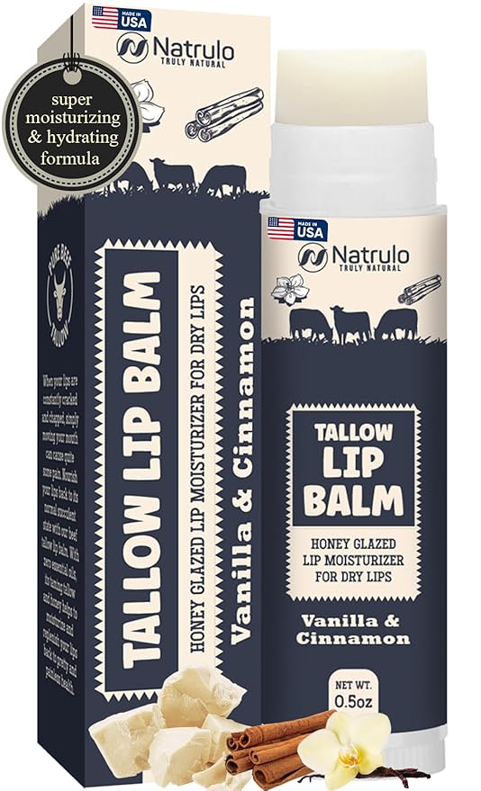 Beef Tallow Lip Balm – Natural Tallow Beeswax Chapstick – Hydrating Moisturizer Grass Fed Bison Tallow Balm Lip Care – Soothes Chapped, Dry Lips, Sensitive Skin – Long Lasting & Vitamin Rich USA-Made