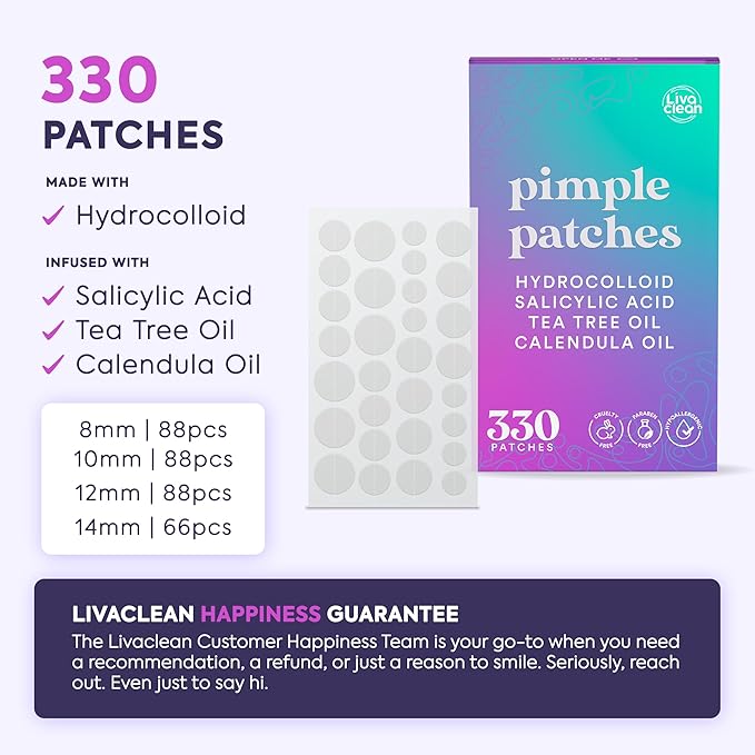 LivaClean 330 CT Pimple Patches for Face w/Salicylic Acid, Tea Tree Oil & Calendula Oil - Four Sizes - Pimple Patch, Hydrocolloid Patch, Acne Patches for Face